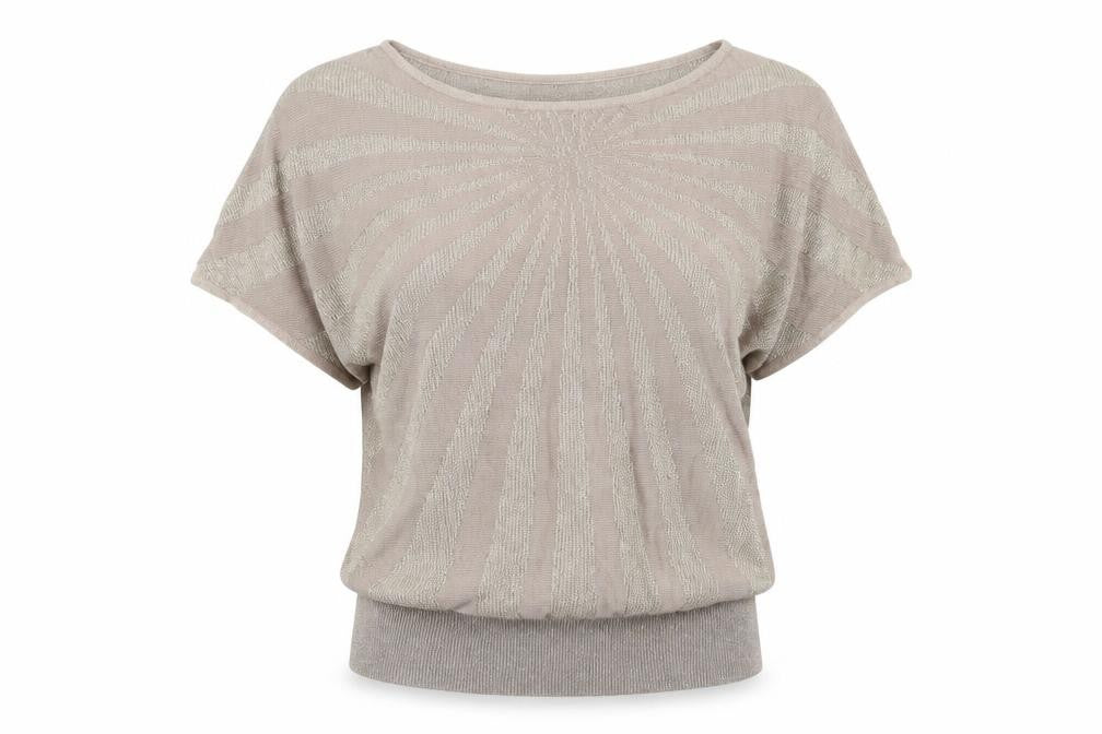 Front view of Jaclyn Smith Women’s Beige Knit Short Sleeve Blouse, size L