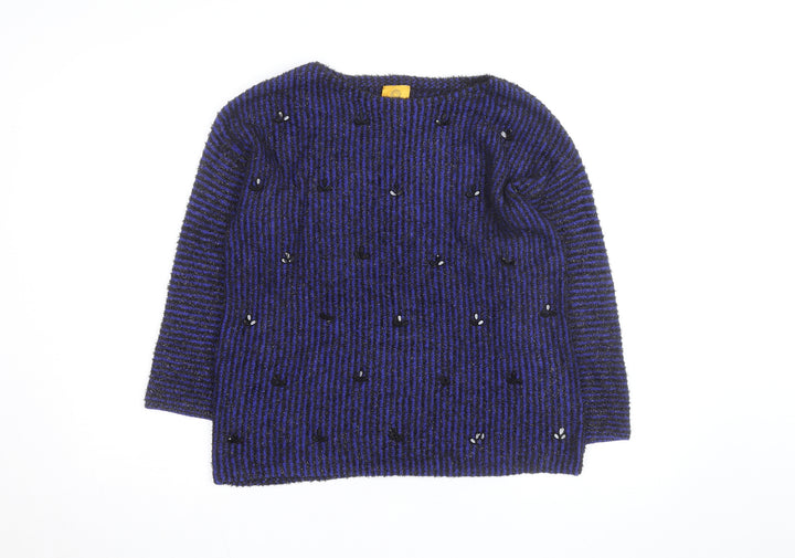 Ruby Rd. Women's Blue Black Striped Beaded Knit Jumper Size M
