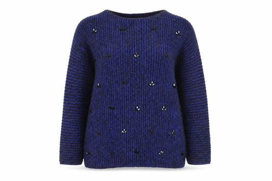 Front view of Ruby Rd. Women's Blue Black Striped Beaded Knit Jumper, size M