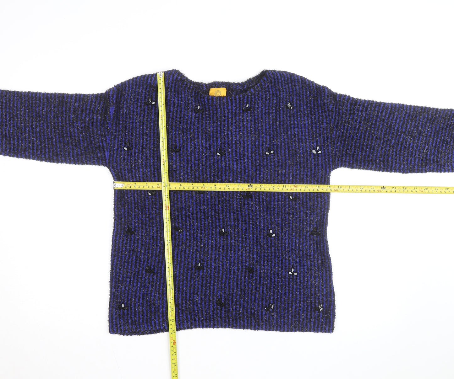 Ruby Rd. Women's Blue Black Striped Beaded Knit Jumper Size M