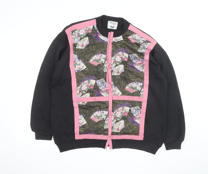 Lee Women’s Black Floral Cardigan XL Vintage Crew Neck Long Sleeve