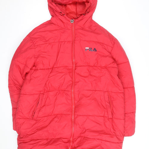 FILA Men's Red Long Puffer Coat Hooded Quilted Insulated L