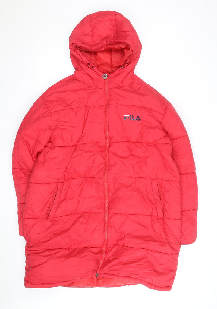 FILA Men's Red Long Puffer Coat Hooded Quilted Insulated L