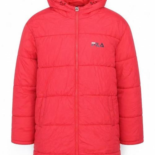 FILA Men's Red Long Puffer Coat Hooded Quilted Insulated L