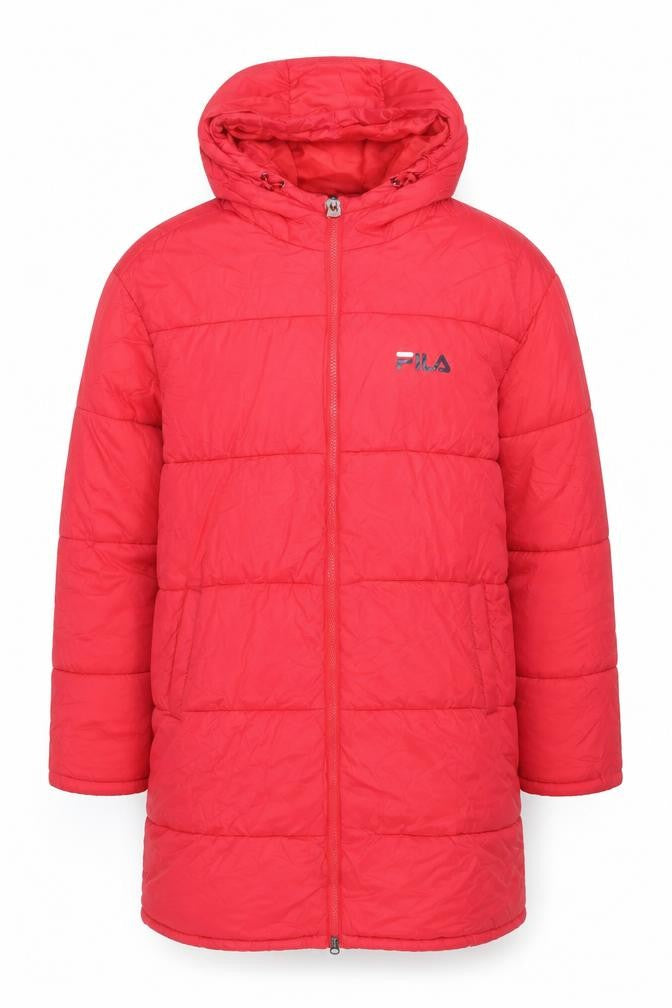 FILA Men's Red Long Puffer Coat Hooded Quilted Insulated L
