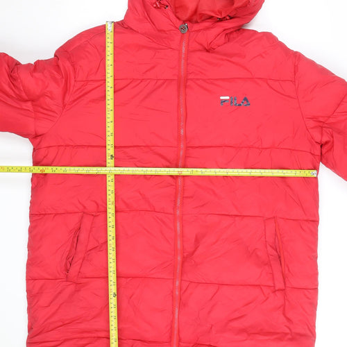 FILA Men's Red Long Puffer Coat Hooded Quilted Insulated L