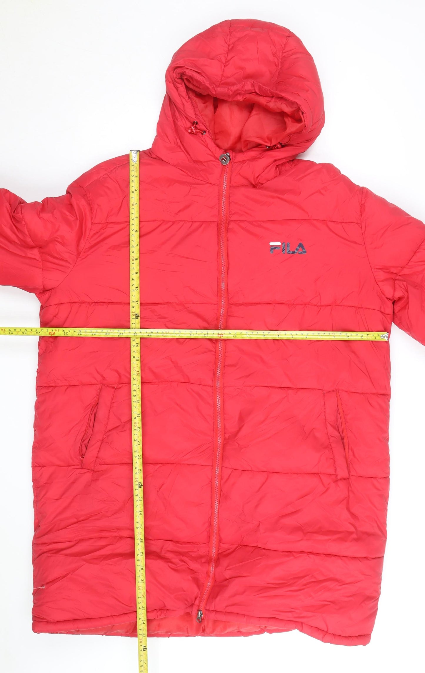 FILA Men's Red Long Puffer Coat Hooded Quilted Insulated L