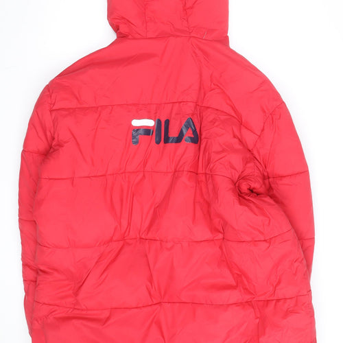 FILA Men's Red Long Puffer Coat Hooded Quilted Insulated L