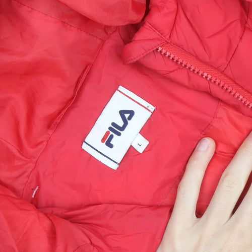 FILA Men's Red Long Puffer Coat Hooded Quilted Insulated L