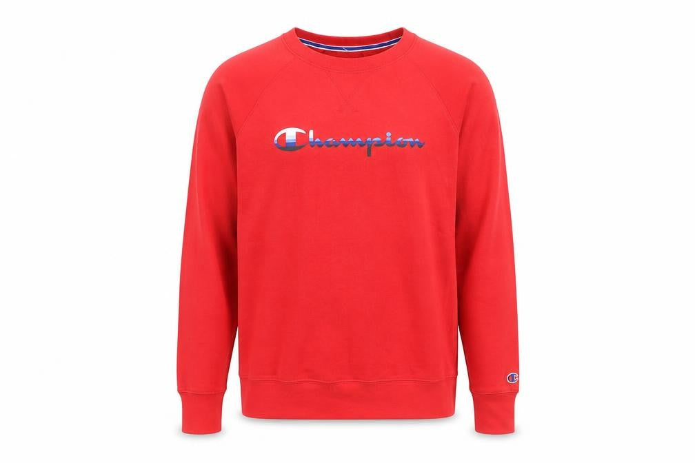 Front view of Champion Men's Red Crew Neck Pullover Sweatshirt, size L