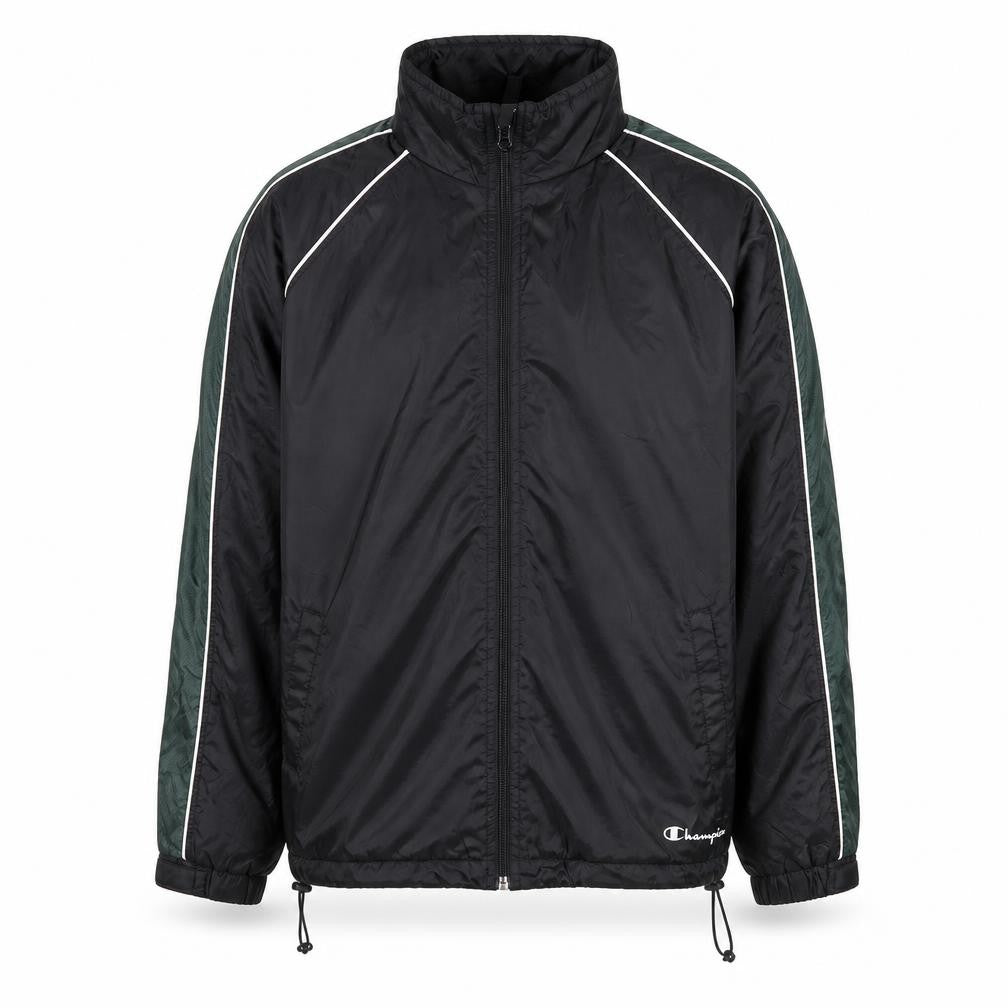 Front view of Champion Men's Black Windbreaker Jacket L Lightweight Full Zip