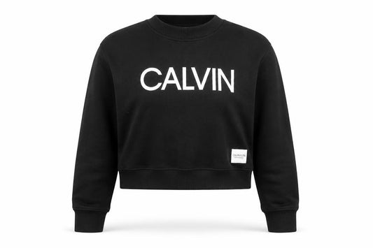 Front view of Calvin Klein Women’s Black Logo Crew Neck Pullover Sweatshirt, size M