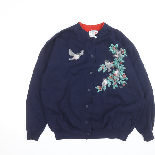 Morning Sun Women’s Blue Petite Large Embroidered Bird Cardigan