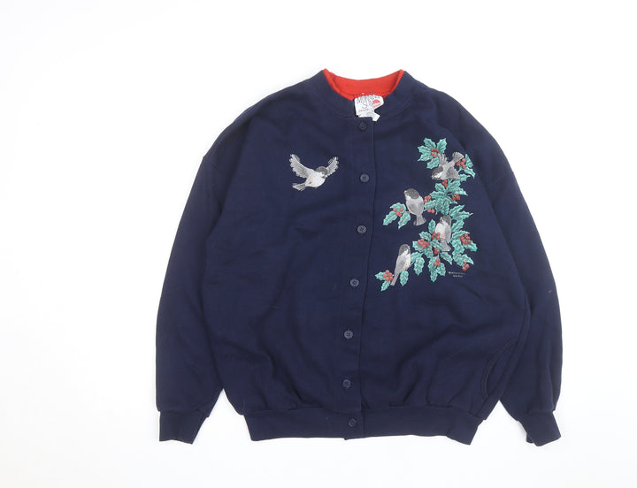 Morning Sun Women’s Blue Petite Large Embroidered Bird Cardigan