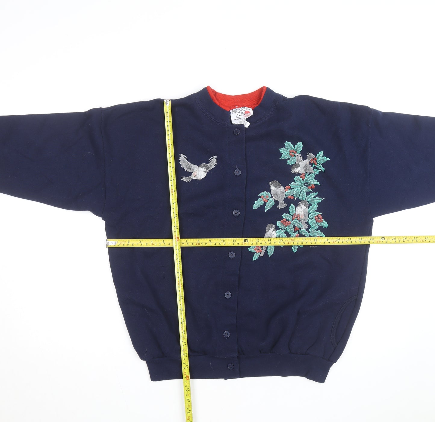 Morning Sun Women’s Blue Petite Large Embroidered Bird Cardigan