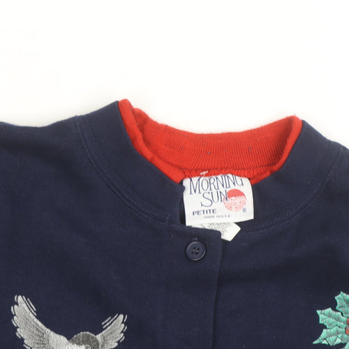 Morning Sun Women’s Blue Petite Large Embroidered Bird Cardigan