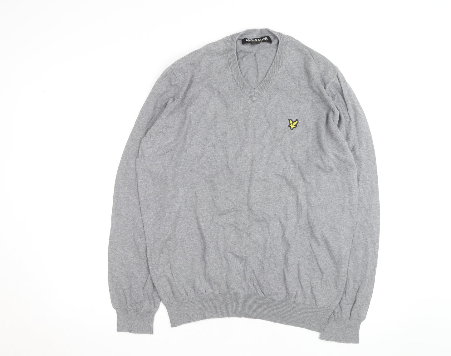 Lyle & Scott Men's Grey V-Neck Cotton Jumper Size L