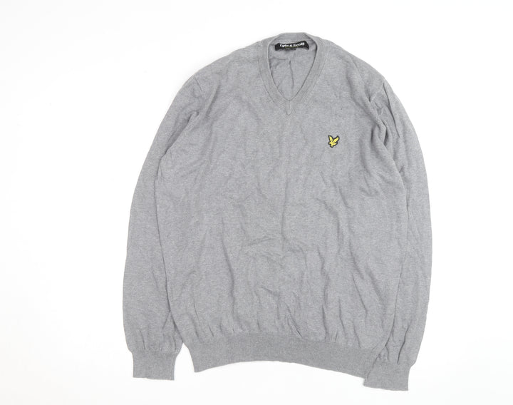 Lyle & Scott Men's Grey V-Neck Cotton Jumper Size L
