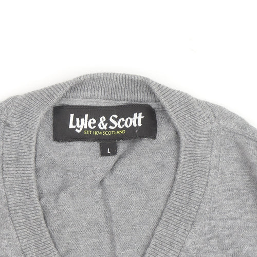 Lyle & Scott Men's Grey V-Neck Cotton Jumper Size L