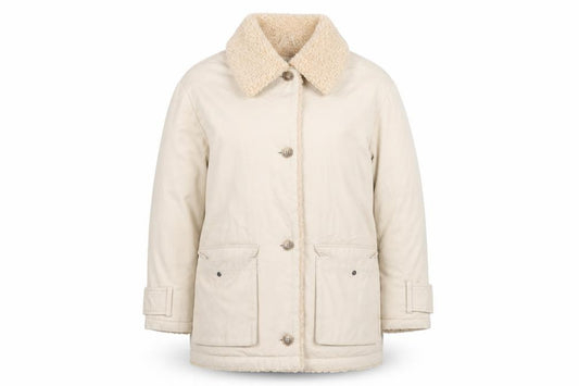 Front view of ASOS DESIGN Women's Beige Coat, size 8, Faux Fur Collar Lined Overcoat