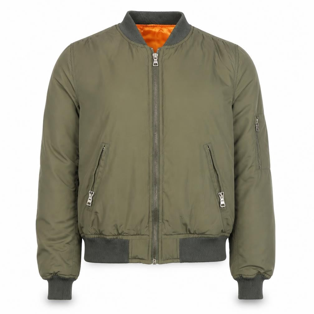 Front view of AQRXA Men's Green M Bomber Jacket Full Zip Casual Style