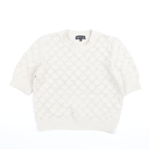 Agnès b. Women Ivory Cotton Open-Knit Short Sleeve Jumper Size S