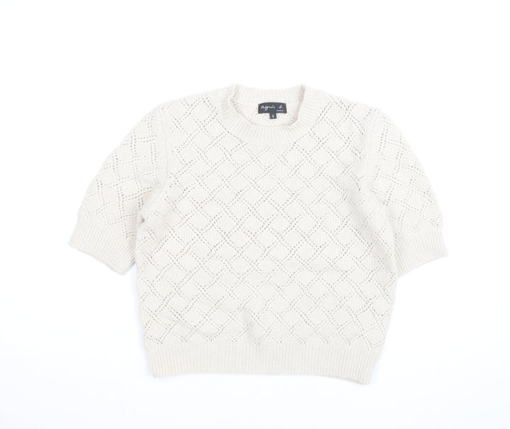 Agnès b. Women Ivory Cotton Open-Knit Short Sleeve Jumper Size S