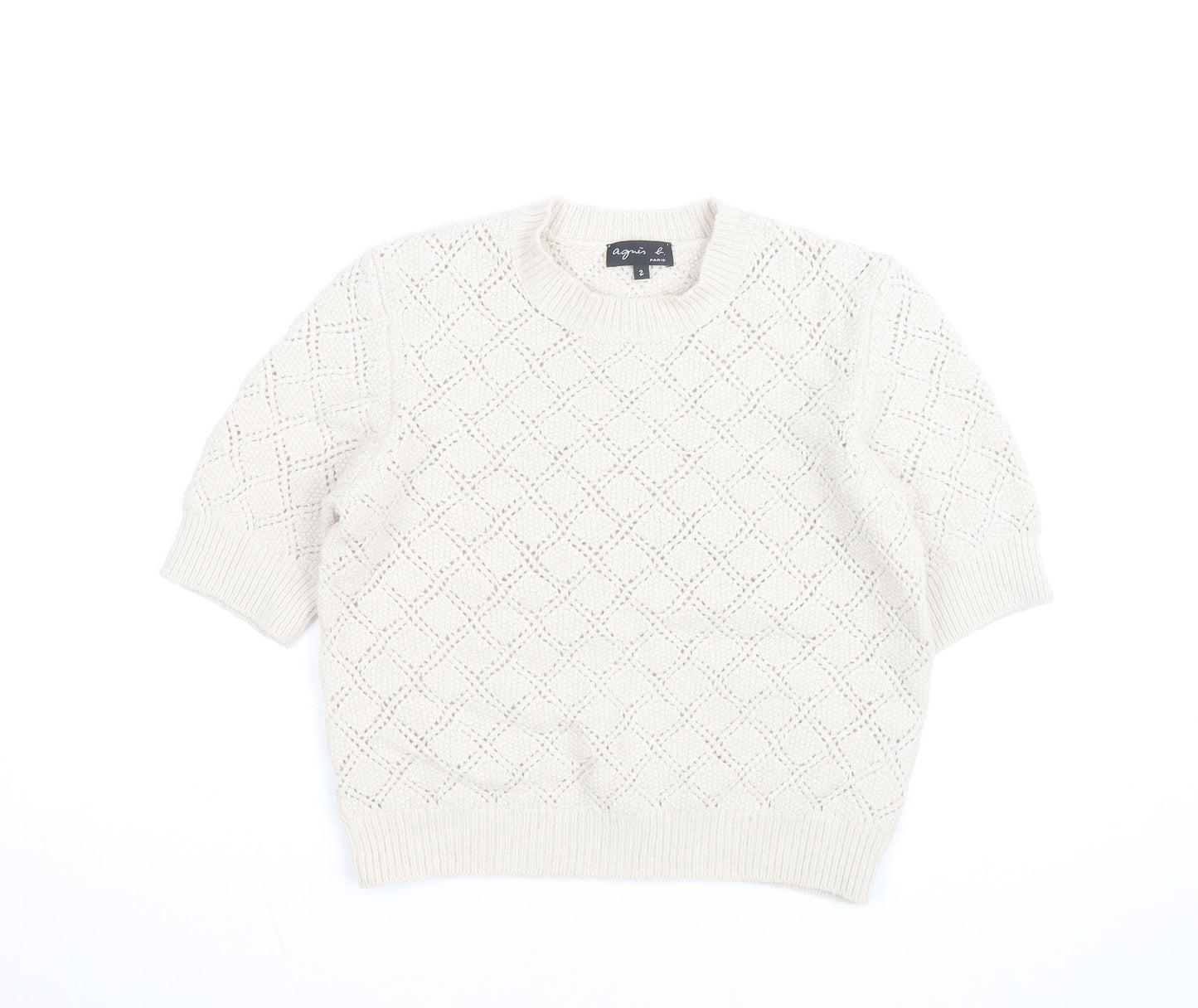 Agnès b. Women Ivory Cotton Open-Knit Short Sleeve Jumper Size S
