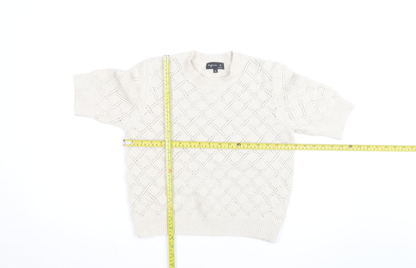 Agnès b. Women Ivory Cotton Open-Knit Short Sleeve Jumper Size S