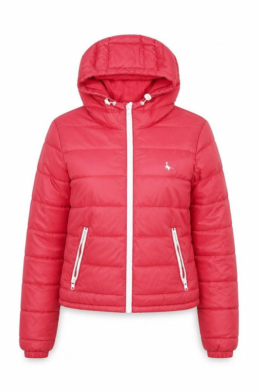 Front view of Jack Wills women’s red puffer jacket hooded uk 10 winter casual