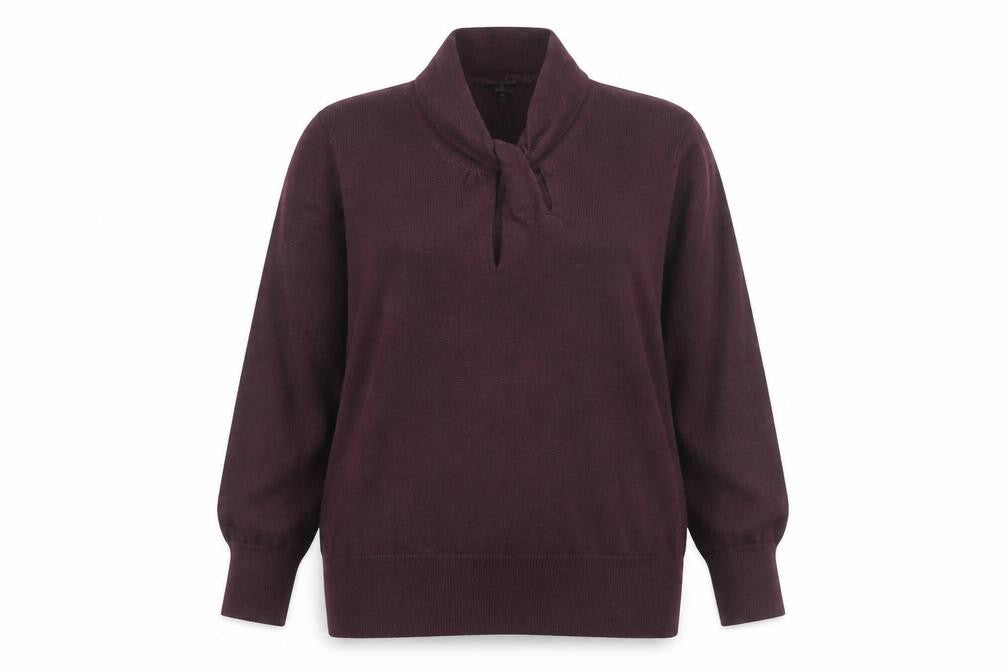 Front view of Jasper Conran women’s purple wool blend cowl neck jumper, size UK 18