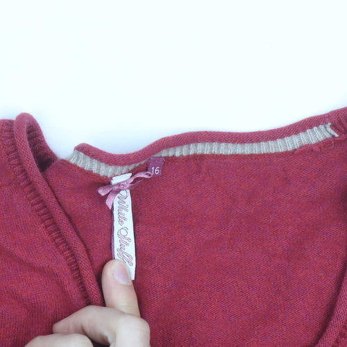 White Stuff Women Red Cardigan Size 16 V-Neck Button Knit Cotton Blend