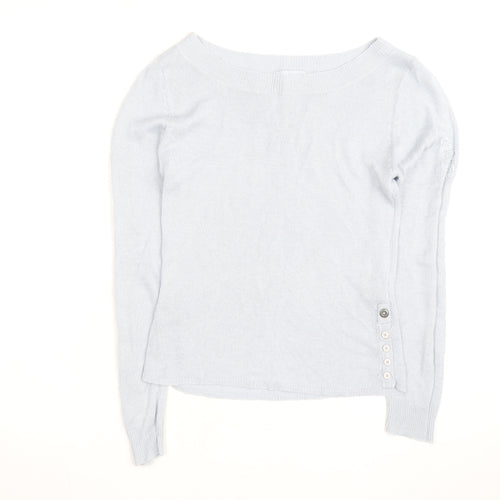 Blanc Bleu Women Blue Linen Boat Neck Button Jumper Size M