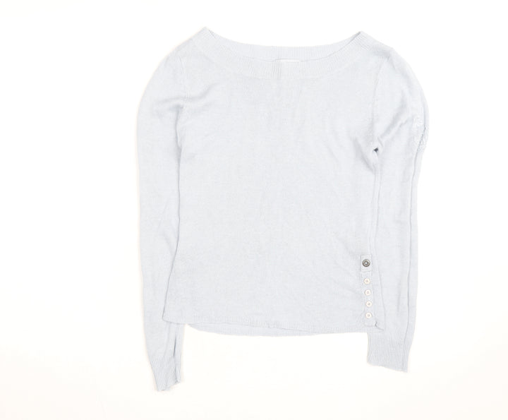 Blanc Bleu Women Blue Linen Boat Neck Button Jumper Size M