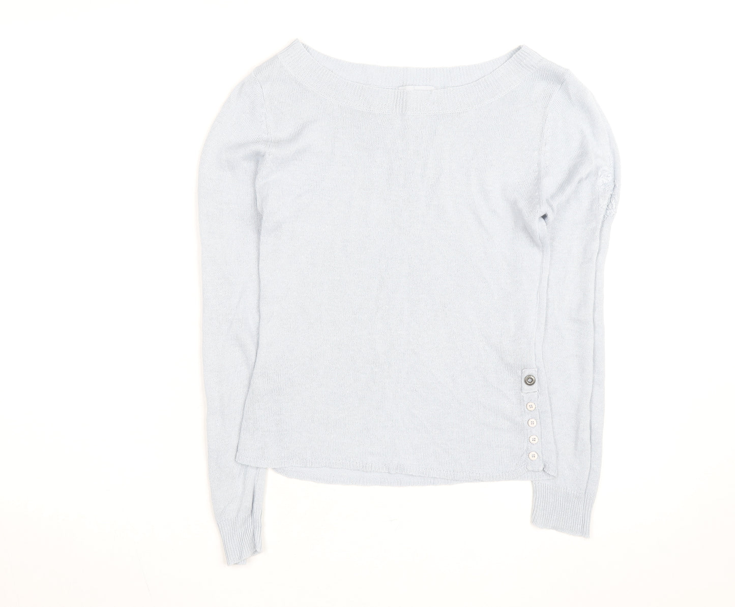 Blanc Bleu Women Blue Linen Boat Neck Button Jumper Size M