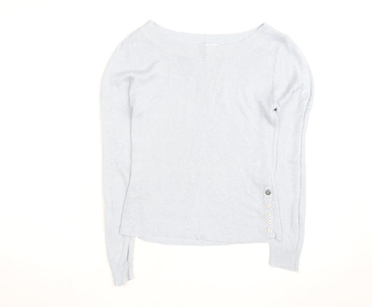 Blanc Bleu Women Blue Linen Boat Neck Button Jumper Size M