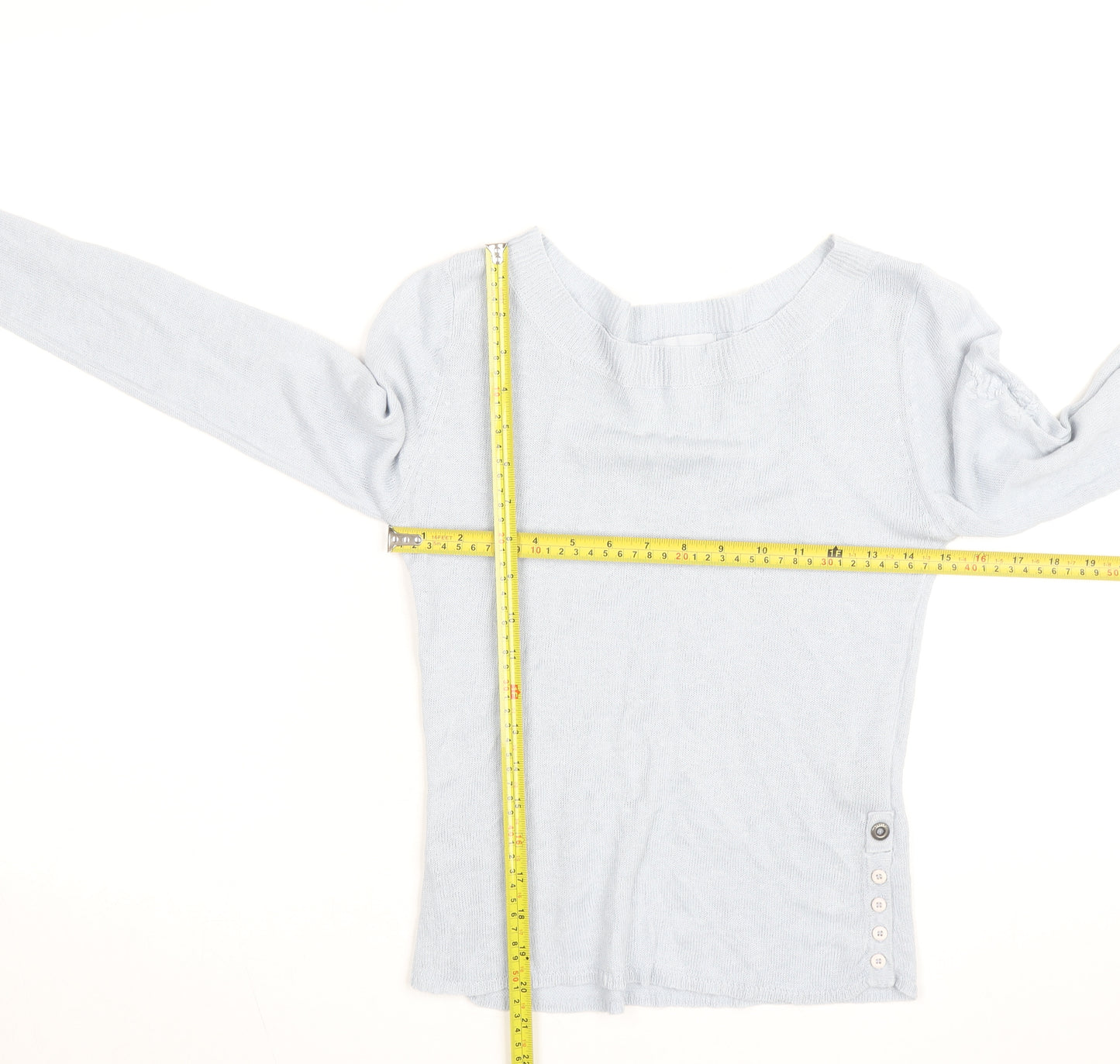 Blanc Bleu Women Blue Linen Boat Neck Button Jumper Size M