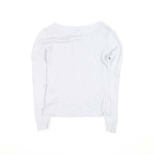 Blanc Bleu Women Blue Linen Boat Neck Button Jumper Size M