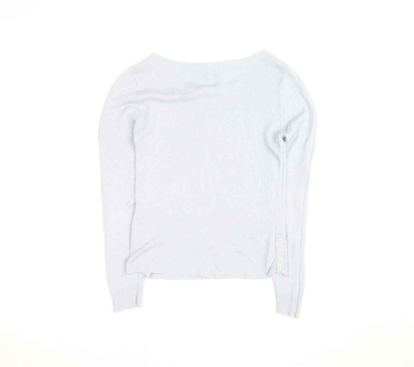 Blanc Bleu Women Blue Linen Boat Neck Button Jumper Size M