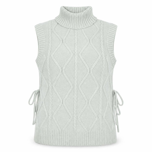 Front view of Quiz Women's Green Roll Neck Cable Knit Sleeveless Vest Jumper, size S