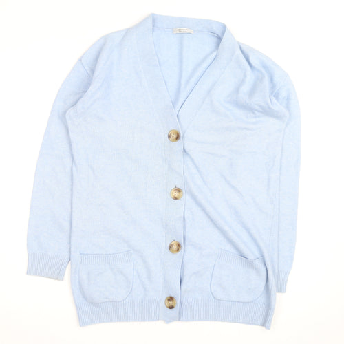 Artigiano Women Blue Merino Wool Blend Cardigan L V-Neck Knit
