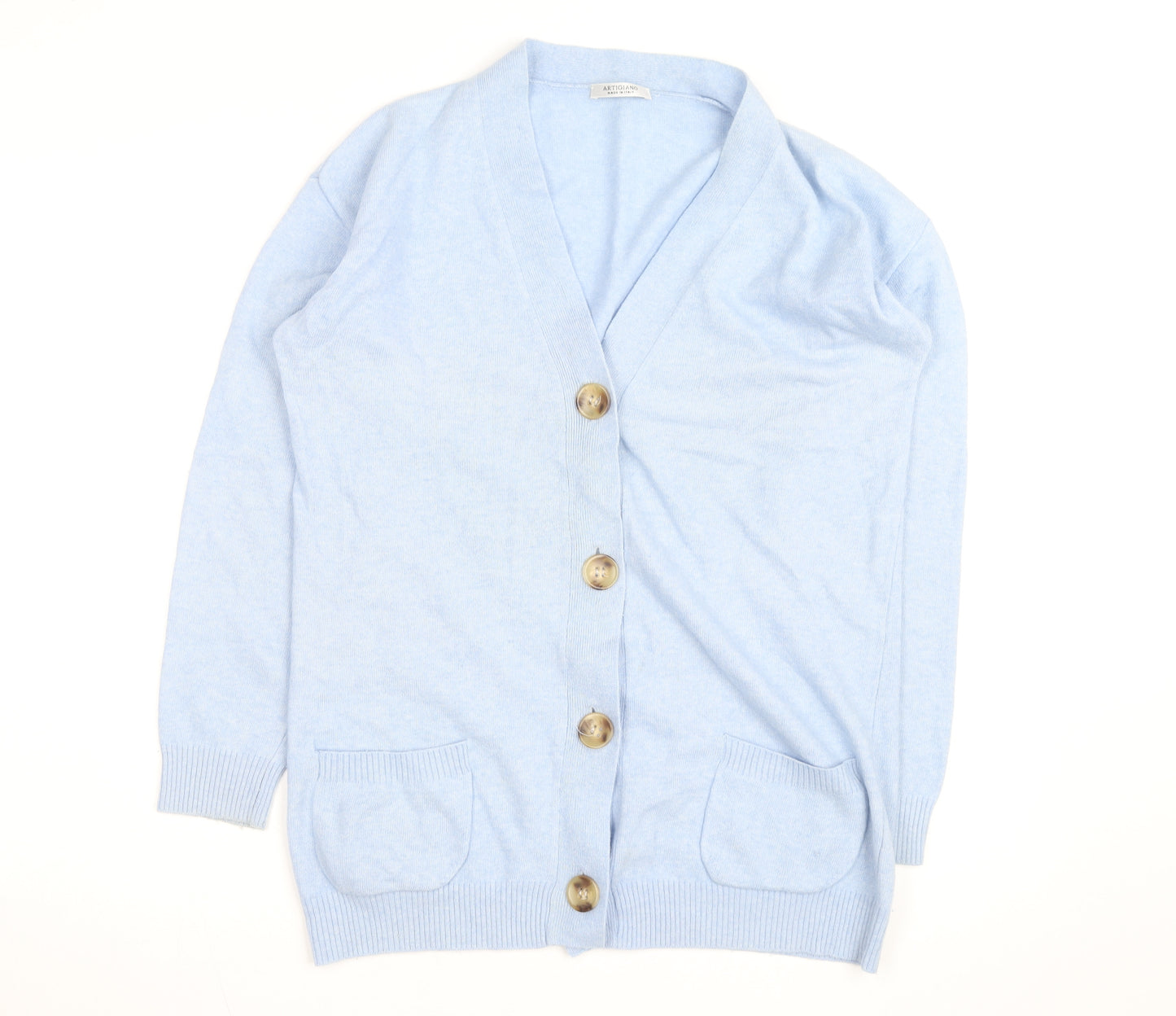 Artigiano Women Blue Merino Wool Blend Cardigan L V-Neck Knit