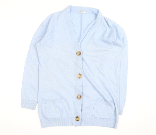 Artigiano Women Blue Merino Wool Blend Cardigan L V-Neck Knit