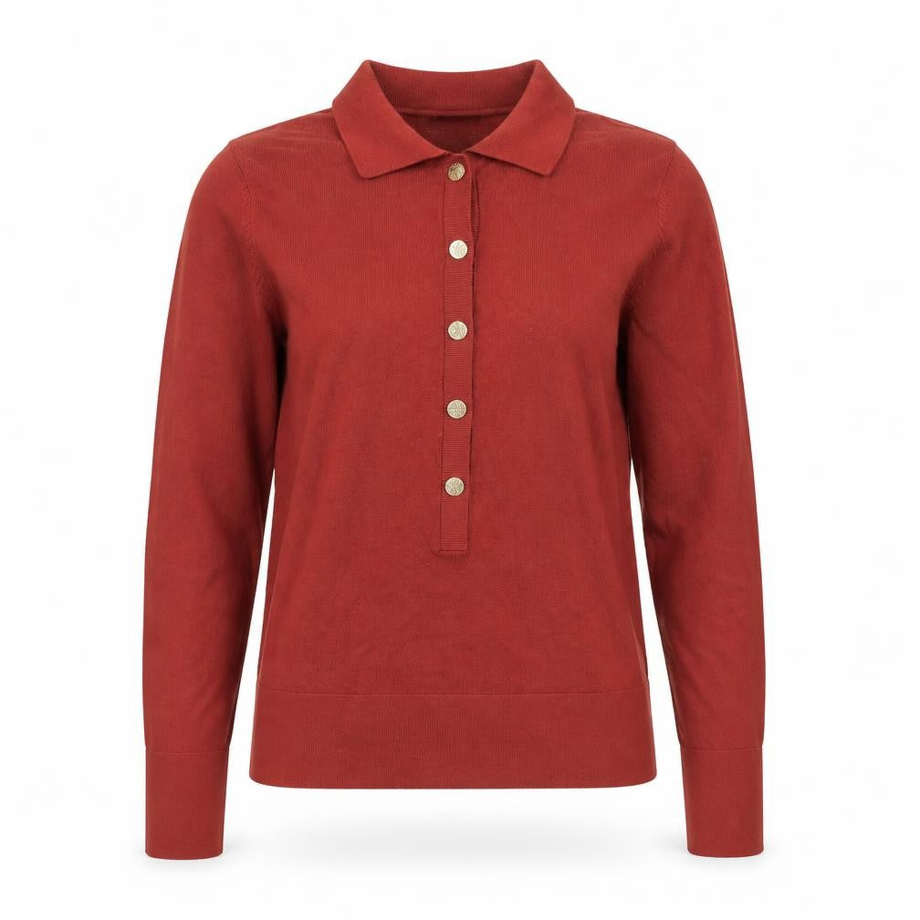 Front view of Gallery women’s brown collared henley jumper small long sleeve knit