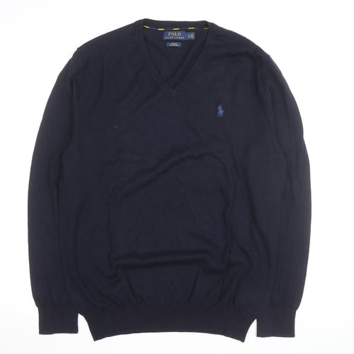 Polo Ralph Lauren Men's Navy Blue V-Neck Slim Fit Cotton Jumper Size L