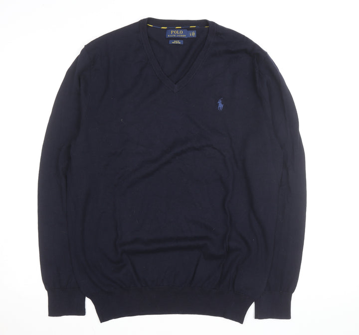 Polo Ralph Lauren Men's Navy Blue V-Neck Slim Fit Cotton Jumper Size L