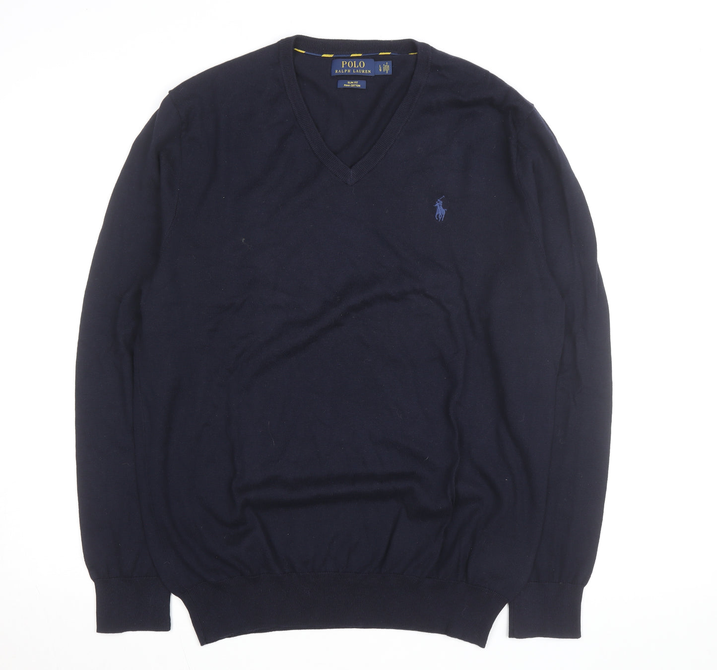 Polo Ralph Lauren Men's Navy Blue V-Neck Slim Fit Cotton Jumper Size L