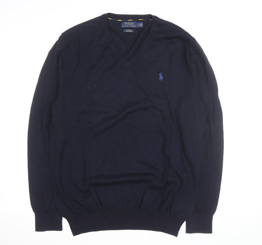 Polo Ralph Lauren Men's Navy Blue V-Neck Slim Fit Cotton Jumper Size L