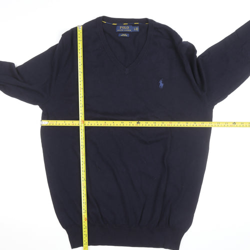 Polo Ralph Lauren Men's Navy Blue V-Neck Slim Fit Cotton Jumper Size L