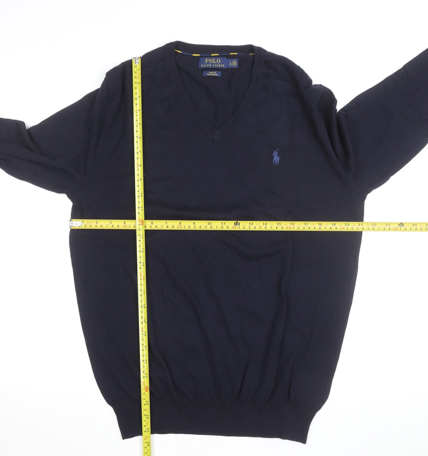 Polo Ralph Lauren Men's Navy Blue V-Neck Slim Fit Cotton Jumper Size L